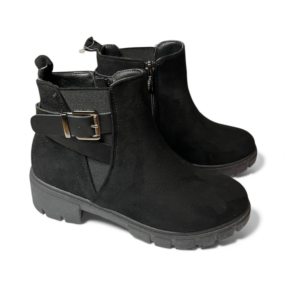 Wanted Black Suede Boots with Silver Buckle and Side Zipper